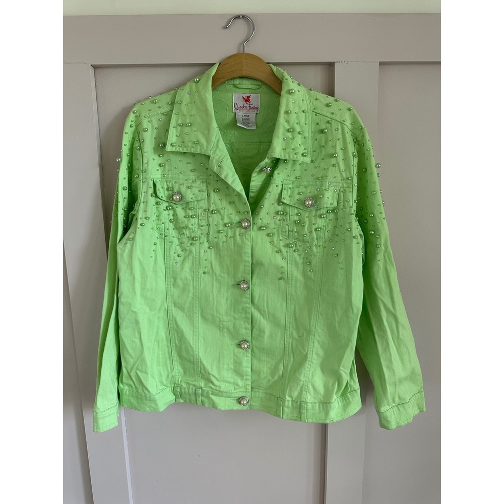 Quacker Factory Lime Green Pearl Rhinestone Denim Jacket Womens Large Neon lime